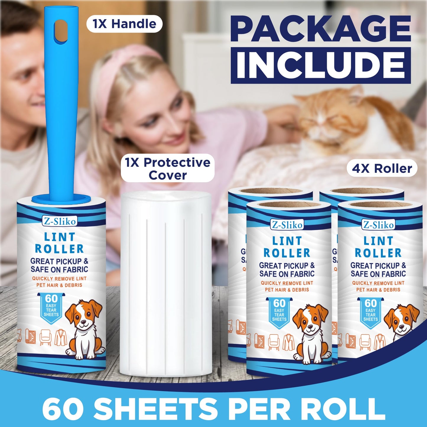 Extra Sticky Lint Roller for Pet Hair Removal – 1 Durable Handle, 4 Refills (360 Sheets) and Protective Cover, Easy Tear Sheets |Reusable Dog & Cat Hair Remover for Clothes, Furniture, Rugs, Bedding