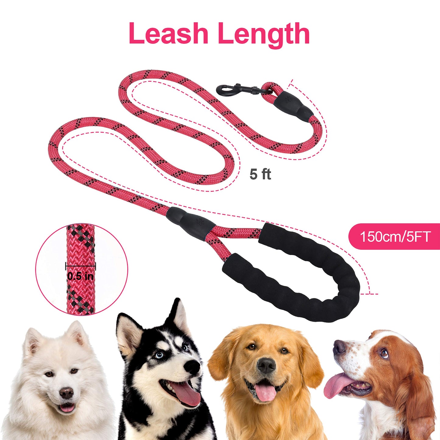 Petmegoo 5ft 1/2in Strong Pink Dog Leash for Large Dogs & Medium Size Dogs - Highly Reflective Heavy Duty Dog Rope Leash with Soft Padded Anti-Slip Handle- for 18-120 lbs Dogs