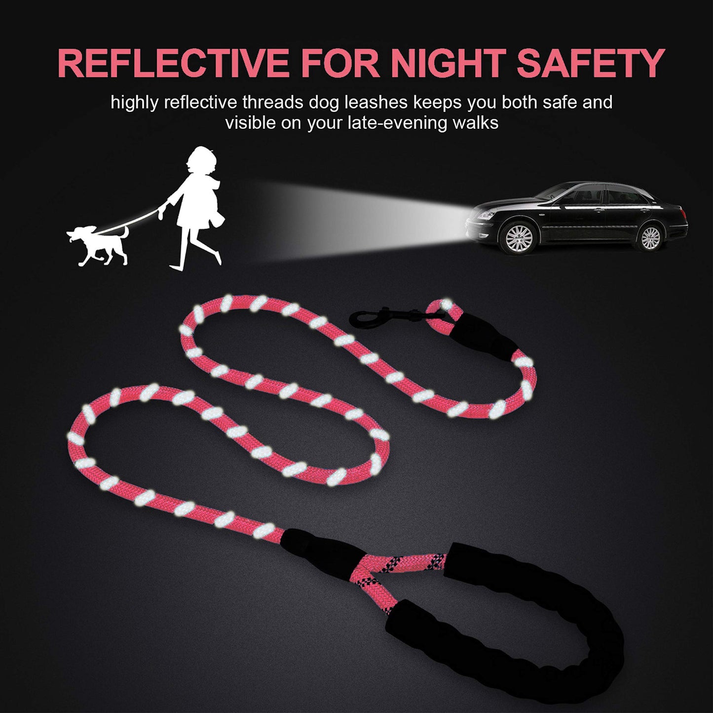 Petmegoo 5ft 1/2in Strong Pink Dog Leash for Large Dogs & Medium Size Dogs - Highly Reflective Heavy Duty Dog Rope Leash with Soft Padded Anti-Slip Handle- for 18-120 lbs Dogs