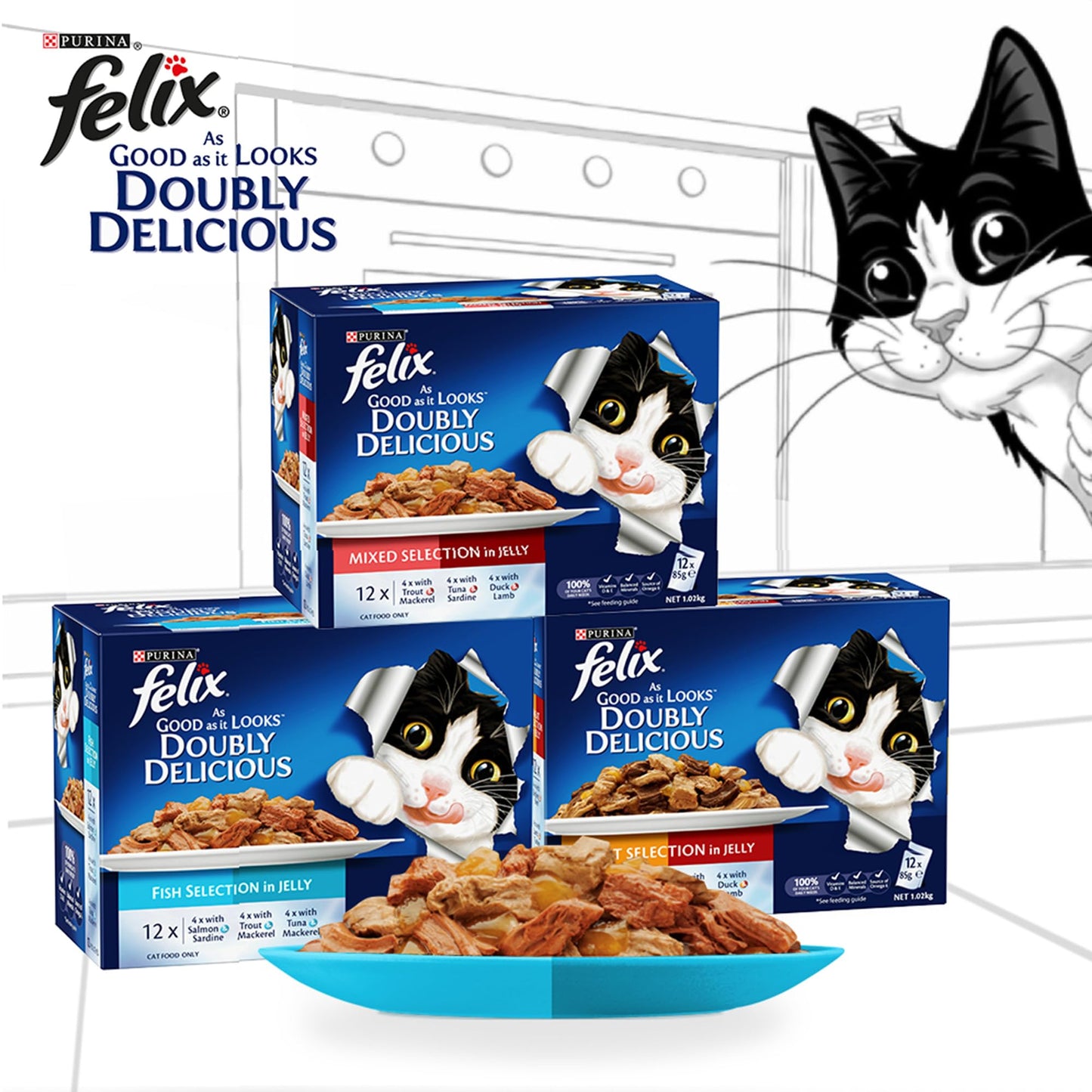 Purina Felix As Good As It Look Doubly Delicious Wet Cat Food Meat Selections 85g (Pack of 12)