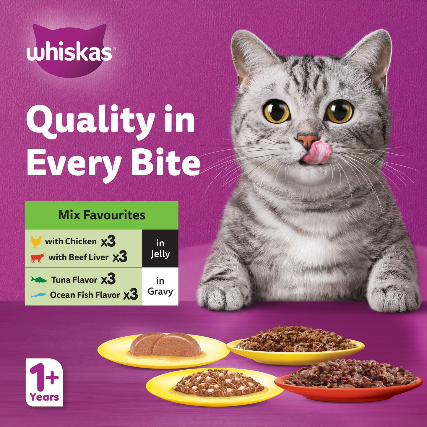 Whiskas Mixed Favorites Wet Cat Food Pack of 12x80g, Chicken, Tuna, Oceanfish, and Beef Liver Wet Food Pouches