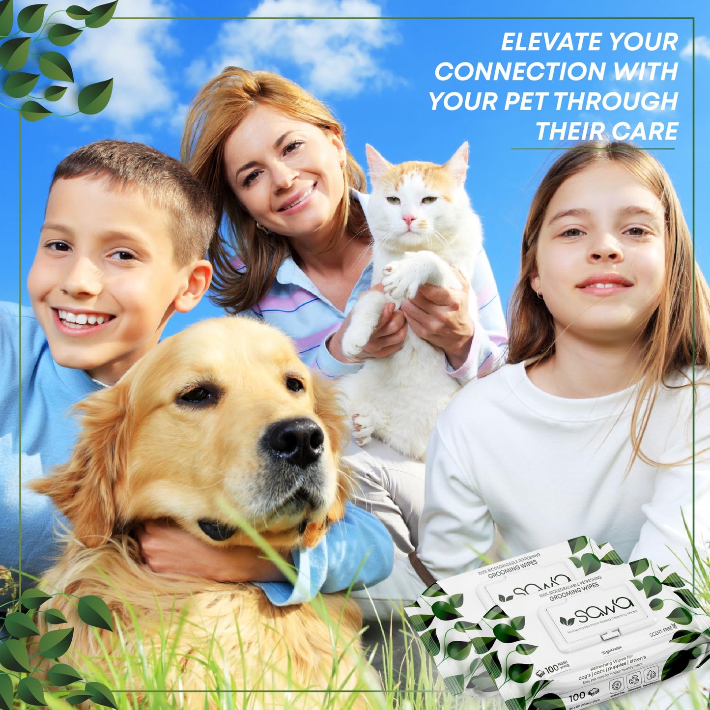 SAWA Dog Wipes, 100 Pcs Thick Plant Based Cat Grooming Wipes For Easy Use on Paws, Body and Bum, Unscented pet wipes