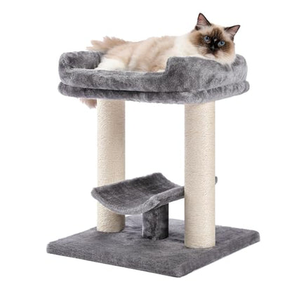 PETEPELA 19" Cat Scratching Post, Cat Tree Tower, 100% Natural Sisal Cat Scratcher with Large Plush Top Perch Bed, Cozy Cat Platform for Kittens and Cats