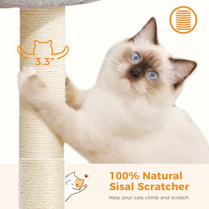 PETEPELA 19" Cat Scratching Post, Cat Tree Tower, 100% Natural Sisal Cat Scratcher with Large Plush Top Perch Bed, Cozy Cat Platform for Kittens and Cats