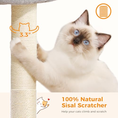 PETEPELA 19" Cat Scratching Post, Cat Tree Tower, 100% Natural Sisal Cat Scratcher with Large Plush Top Perch Bed, Cozy Cat Platform for Kittens and Cats