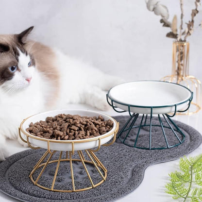 ALEYHA 2023 New Whisker-Friendly Anti-Vomit Cat Plate, Elevated Bowl-Raised Ceramic Cat Bowl with Metal Stand, Food & Water Anti Vomiting Shallow Ceramic Dish for Cat and Small Dogs