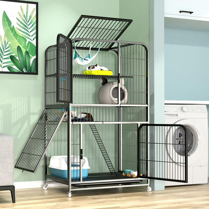 NeoStyle Large Cat Cage 4 Tier,Cat Cage Playpen Box Crate Kennel for Indoor Cats with Doors & Detachable Tray & Ladders & Wheels (Black(76 * 54 * 136cm))