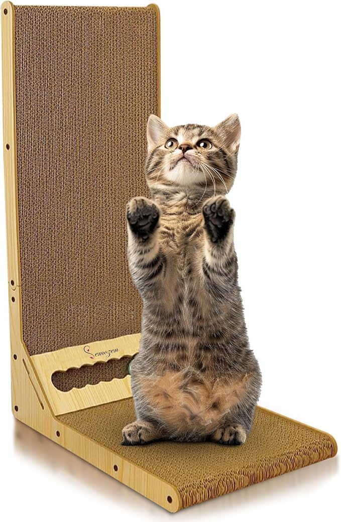 Semozen Cat Scratcher, Cat Scratching Post, Cardboard Cat Scratching Board with Ball Toy, Large Vertical L Shape Cat Scratcher Scratch Pads Cat Toys for Indoor