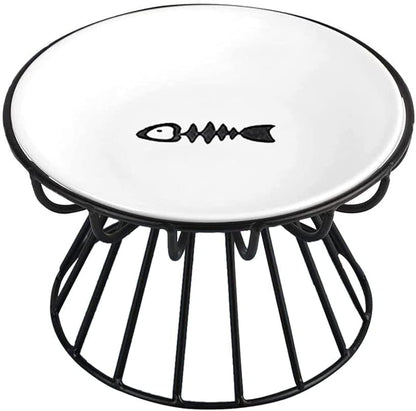 ALEYHA 2023 New Whisker-Friendly Anti-Vomit Cat Plate, Elevated Bowl-Raised Ceramic Cat Bowl with Metal Stand, Food & Water Anti Vomiting Shallow Ceramic Dish for Cat and Small Dogs