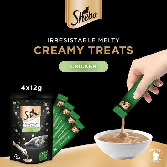 Sheba Cat_Food, Melty Chicken Flavor Cat-Food Wet-Creamy Treats, Premium Luxurious Indulgence, Fed by Hand for Special Moments so Your Cat Can Find Relish with this Treat, Pack of 4x12g