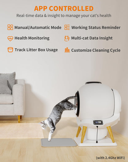HoneyGuaridan Self Cleaning Cat Litter Box Automatic Cat Litter Box, APP Control Health Monitoring for Multiple Cats, Anti-Pinch/Odor-Removal Design, with 2 Rolls Garbage Bags/Mats