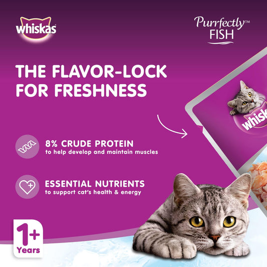 Whiskas Purrfectly Fish, with Tuna & Salmon, Wet Cat Food for Adult Cats, Flavor Lock Pouch Made-for Sealing Freshness, Real Fish- a Complete and Balanced Nutrition, Pack of 24x85g