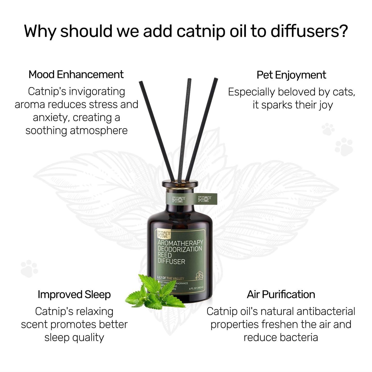 Furry Purr Reed Diffuser for Pet Odor Elimination, Pets Friendly Air Freshening Reed Diffuser for Pet Household, Catnip Calming Pet Deodorizer Reed Diffuser Set, Long Lasting Love Your Pets, 6 oz