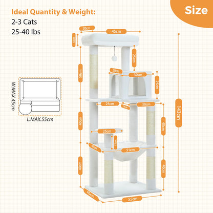 LOYAL RAIN 143 cm Tall Cat Tree for Indoor Cats, Multi-Level Cat Tower with Super Large Hammock, Sisal Covered Scratching Posts, Cozy Condo and Top Perch (Cream White, Large)