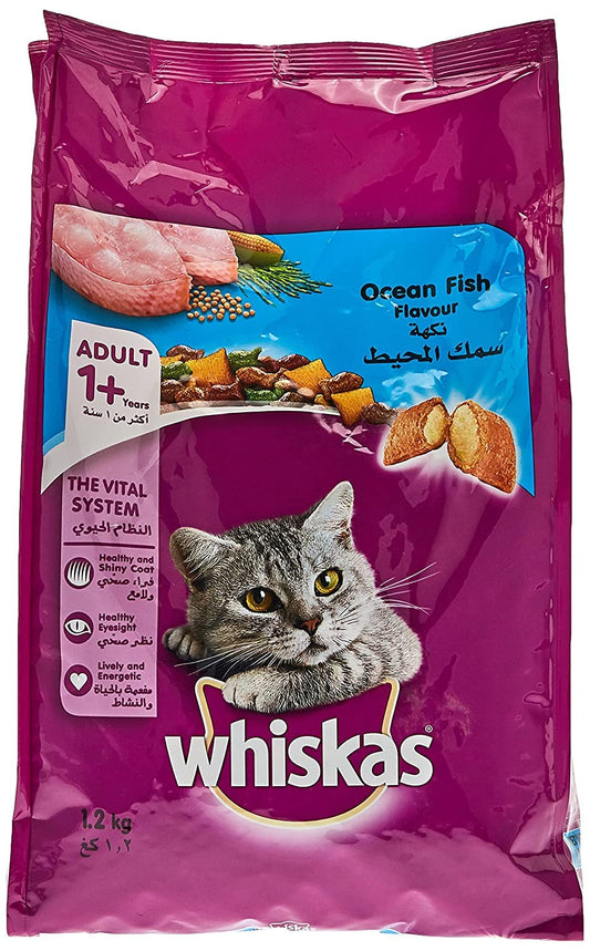 Whiskas Ocean Fish Dry Cat Food, Bag of 1.2Kg, for Adult Cats 1+ Years, Complete Nutrition and Great Taste Cat Dry Food