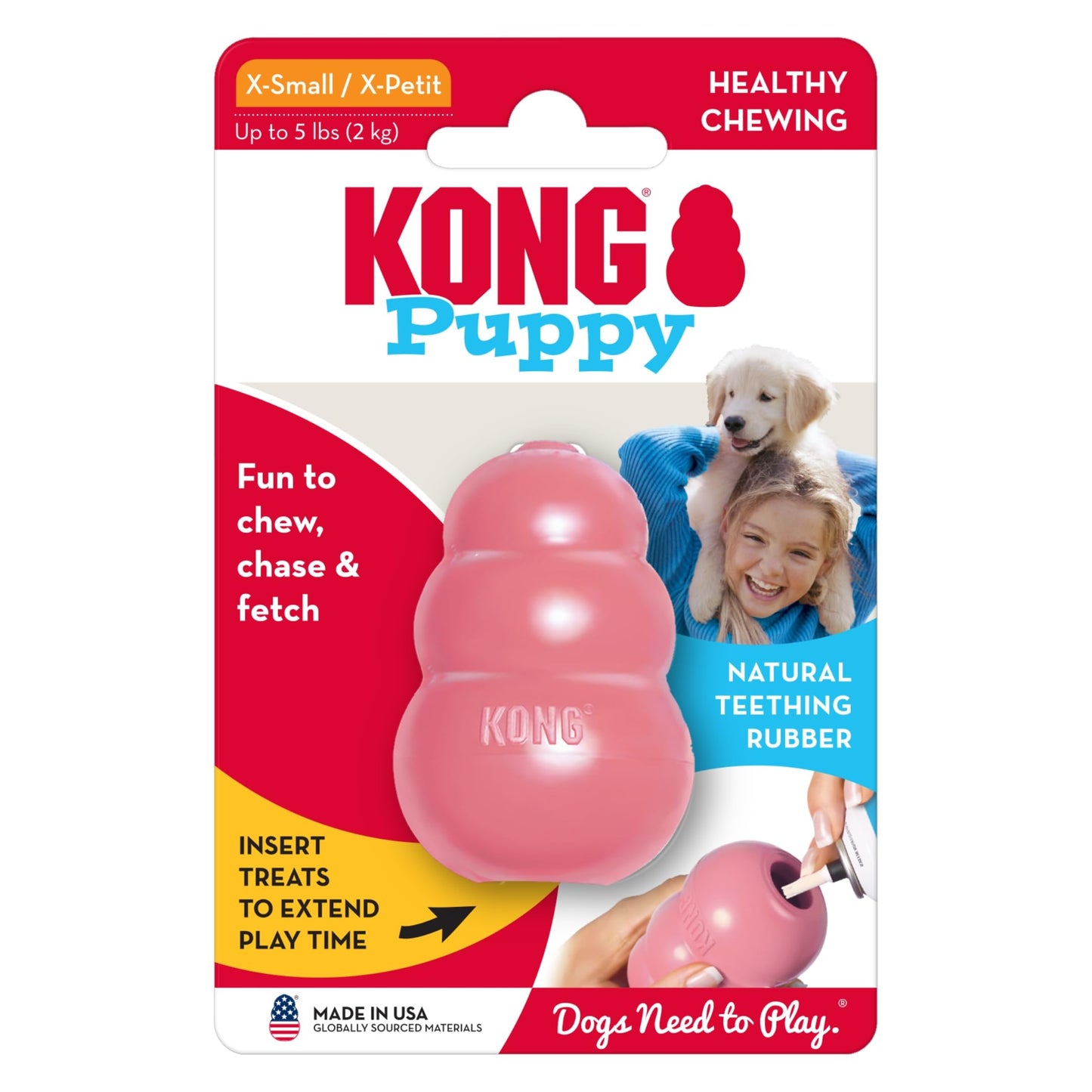 KONG Puppy - Natural Teething Rubber Chew Toy for Dogs - Stuffable Dog Toy for Extended Playtime - Chew & Fetch Toy for Puppies - for XS Puppies - Pink
