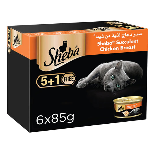 Sheba Cat Food Succulent Chicken Breast Can, from Natural-Chicken Plus Essential Vitamins and Minerals, this Wet-Food is Made with a Grain Free Formula Suitable for Sensitive Cats, Pack of 6x85g