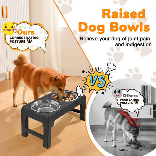 Beauenty Adjustable Elevated Dog Bowl, with 2 Stainless Steel 1.5L Dog Bowl Vertical Feeding and Detachable Double Bowl Stand Antiskid Splash Proof, for All Small, Medium and Large Pets (Black-3)