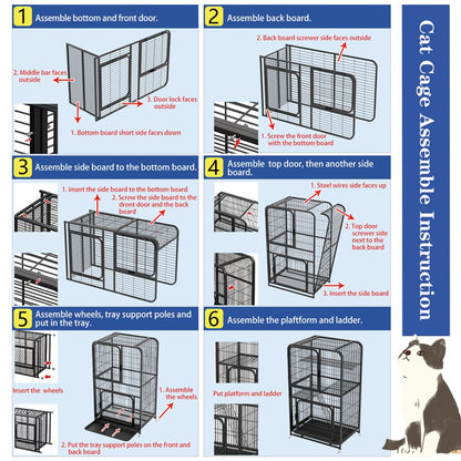 NeoStyle Large Cat Cage 4 Tier,Cat Cage Playpen Box Crate Kennel for Indoor Cats with Doors & Detachable Tray & Ladders & Wheels (Black(76 * 54 * 136cm))