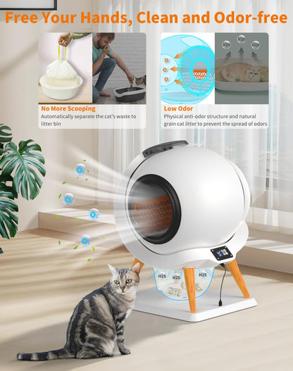 HoneyGuaridan Self Cleaning Cat Litter Box Automatic Cat Litter Box, APP Control Health Monitoring for Multiple Cats, Anti-Pinch/Odor-Removal Design, with 2 Rolls Garbage Bags/Mats