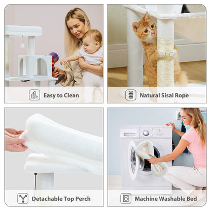 LOYAL RAIN 143 cm Tall Cat Tree for Indoor Cats, Multi-Level Cat Tower with Super Large Hammock, Sisal Covered Scratching Posts, Cozy Condo and Top Perch (Cream White, Large)