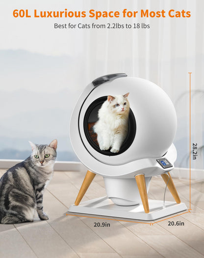 HoneyGuaridan Self Cleaning Cat Litter Box Automatic Cat Litter Box, APP Control Health Monitoring for Multiple Cats, Anti-Pinch/Odor-Removal Design, with 2 Rolls Garbage Bags/Mats