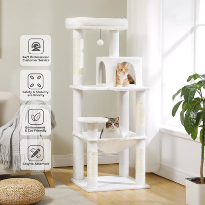 LOYAL RAIN 143 cm Tall Cat Tree for Indoor Cats, Multi-Level Cat Tower with Super Large Hammock, Sisal Covered Scratching Posts, Cozy Condo and Top Perch (Cream White, Large)