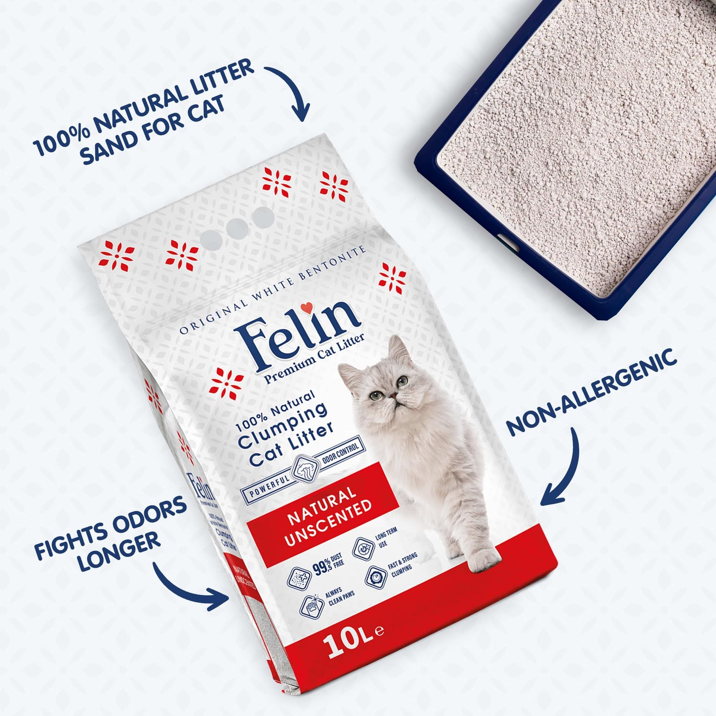 Teo Premium Pet Supplies Felin Cat Litter Clumping 100% Natural Bentonite, Clumping 99.5% Dust Free, Forever Fresh, Pet-Friendly, Fighting with Odors Natural/Odorless Scented (10 L)