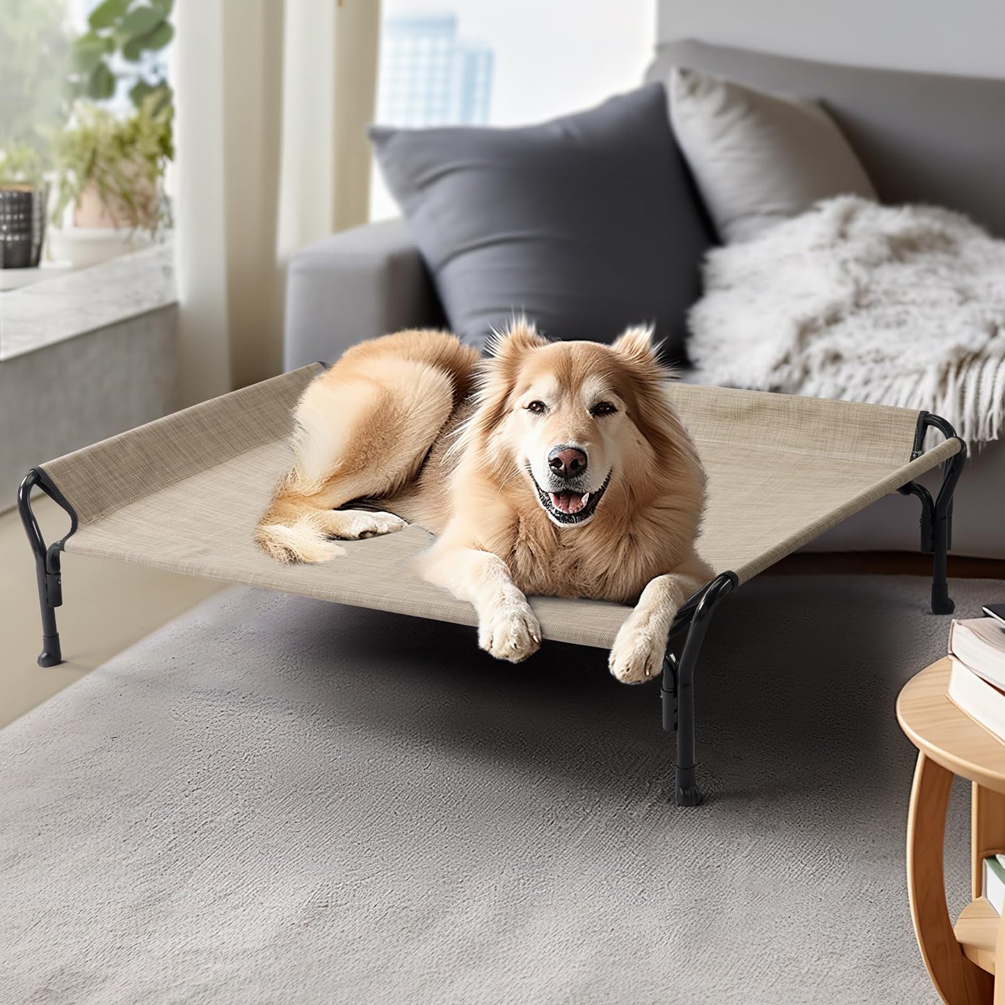 Veehoo Cooling Raised Dog Bed, Guardrail Elevated Dog Bed, Chewproof Dog Bed Frame with Washable & Breathable Teslin Mesh, Non-Slip Dog Sofa Bed Cot for Indoor & Outdoor, X Large, Beige Coffee