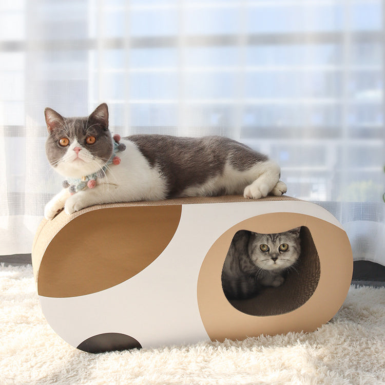 This unique and spacious tunnel scratching board will keep your cat entertained and off your furniture. Its cat climbing frame is crafted out of safe and environment-friendly material, durable and well designed. Apart from scratching cats treat this tunnel as a lounger to lie on it making this product perfect to lounge, hide and play.  